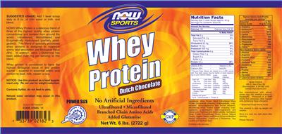 Photo of the NOW Sports Whey Protein Dutch Chocolate label