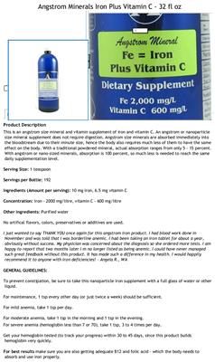Photo of the Angstrom Minerals Angstrom Minerals Iron plus Vitamin C label