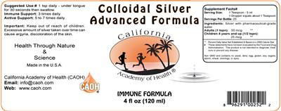 Photo of the California Academy of Health Colloidal Silver Advanced Formula label