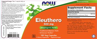 Photo of the NOW Eleuthero 500 mg label