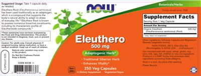 Photo of the NOW Eleuthero 500 mg label