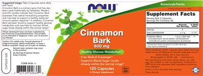 Photo of the NOW Cinnamon Bark 600 mg label