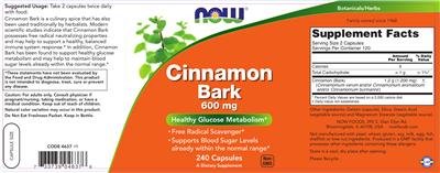 Photo of the NOW Cinnamon Bark 600 mg label