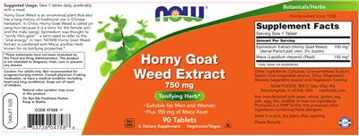 Photo of the NOW Horny Goat Weed Extract 750 mg label