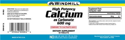 Photo of the Windmill High Potency Calcium As Carbonate 600 mg label