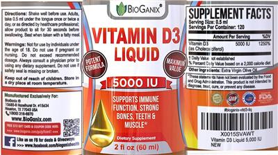 Photo of the BioGanix Vitamin D3 Liquid 5000 IU label