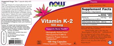 Photo of the NOW Vitamin K-2 100 mcg label