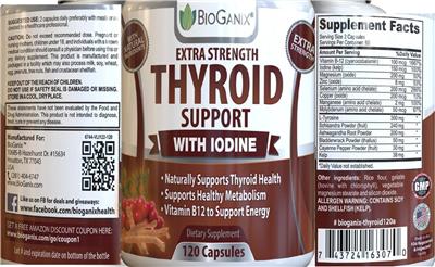 Photo of the BioGanix Extra Strength Thyroid Support With Iodine label