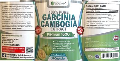 Photo of the BioGanix 100% Pure Garcinia Cambogia Extract 1600 mg label