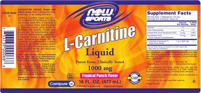 Photo of the NOW Sports L-Carnitine Liquid 1000 mg Tropical Punch Flavor label