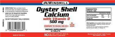 Photo of the Windmill Oyster Shell Calcium With Vitamin D 500 mg label