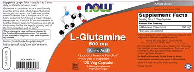 Photo of the NOW L-Glutamine 500 mg label
