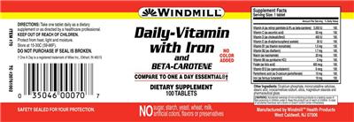 Photo of the Windmill Daily-Vitamin with Iron and Beta-Carotene label
