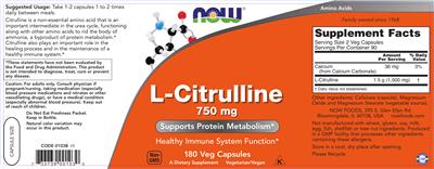Photo of the NOW L-Citrulline 750 mg label