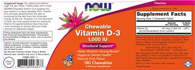 Photo of the NOW Chewable Vitamin D3 1,000 IU label
