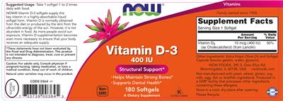 Photo of the NOW Vitamin D-3 400 IU label
