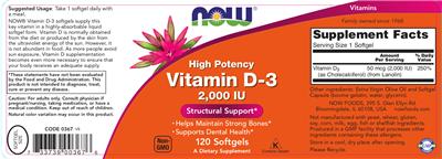 Photo of the NOW High Potency Vitamin D-3 2,000 IU label