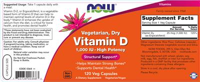 Photo of the NOW Vegetarian, Dry Vitamin D 1,000 IU - High Potency label