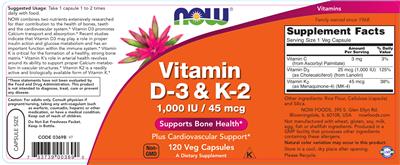 Photo of the NOW Vitamin D-3 & K-2 1,000 IU/45 mcg label