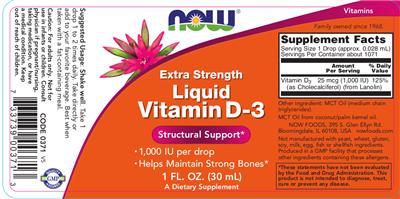 Photo of the NOW Extra Strength Liquid Vitamin D-3 label