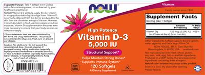 Photo of the NOW High Potency Vitamin D-3 5,000 IU label