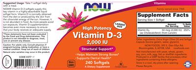 Photo of the NOW High Potency Vitamin D-3 2,000 IU label