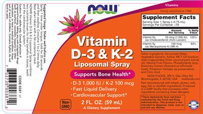 Photo of the NOW Vitamin D-3 & K-2 Liposomal Spray label