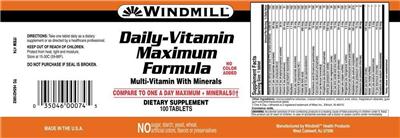 Photo of the Windmill Daily-Vitamin Maximum Formula label