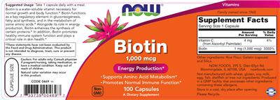 Photo of the NOW Biotin 1,000 mcg label
