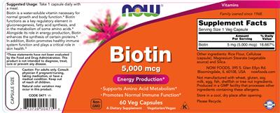 Photo of the NOW Biotin 5,000 mcg label