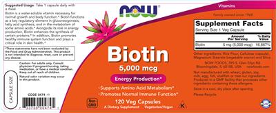 Photo of the NOW Biotin 5,000 mcg label