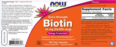 Photo of the NOW Extra Strength Biotin 10 mg (10,000 mcg) label