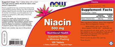 Photo of the NOW Niacin 500 mg label