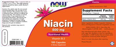 Photo of the NOW Niacin 500 mg label