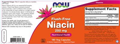 Photo of the NOW Flush-Free Niacin 250 mg label