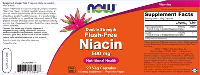 Photo of the NOW Double Strength Flush-Free Niacin 500 mg label
