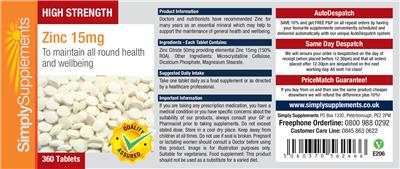 Photo of the Simply Supplements High Strength Zinc 15 mg label