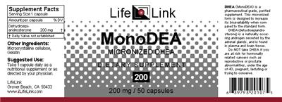 Photo of the LifeLink MonoDEA 200 mg label