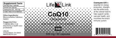 Photo of the LifeLink CoQ10 500 mg label