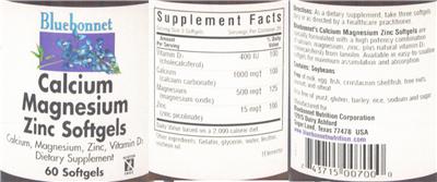 Photo of the Bluebonnet Calcium Magnesium Zinc Softgels label
