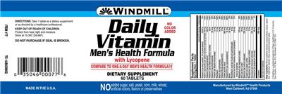 Photo of the Windmill Daily Vitamin Men's Health Formula with Lycopene label
