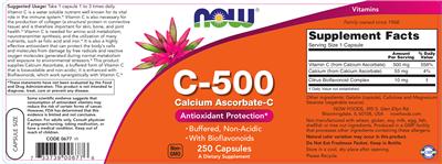 Photo of the NOW C-500 Calcium Ascorbate-C label