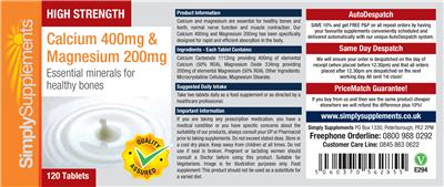 Photo of the Simply Supplements High Strength Calcium 400 mg & Magnesium 200 mg label