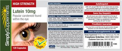 Photo of the Simply Supplements High Strength Lutein 10 mg label