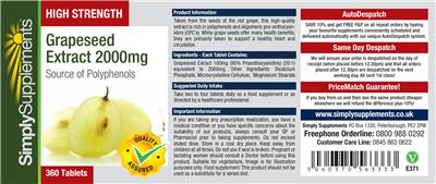 Photo of the Simply Supplements High Strength Grapeseed Extract 2000 mg label