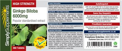 Photo of the Simply Supplements High Strength Ginkgo Biloba 6000 mg label