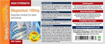 Photo of the Simply Supplements High Strength Magnesium 100 mg label