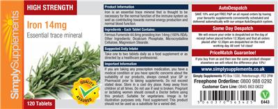 Photo of the Simply Supplements High Strength Iron 14 mg label