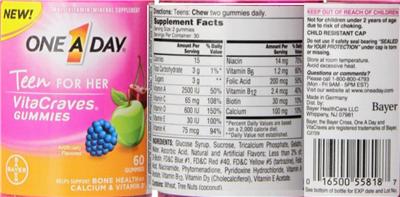Photo of the Bayer One A Day Teen for Her VitaCraves Gummies label