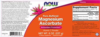 Photo of the NOW Pure, Buffered Magnesium Ascorbate label